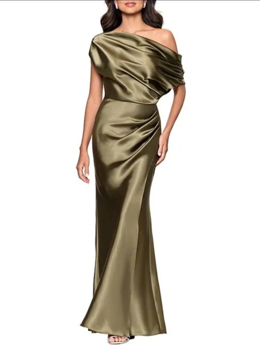 Betsy & Adam Off-The-Shoulder Charmeuse Drop Neck Ruched Long Dress Size 2Petite